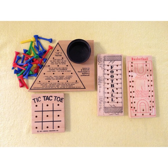 (4) Wood Peg Games Brain Teasers Tic Tac Toe Football basketball IQ Tester - Picture 2 of 4
